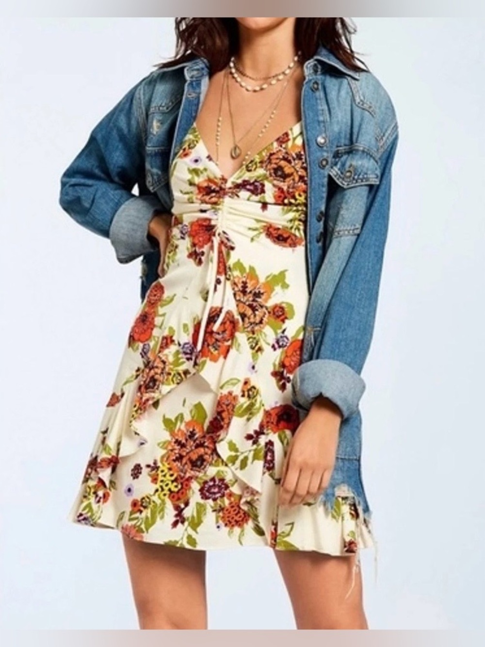 Free People Happy Heart Cream Floral Ruched V-Neck Mini Dress Size Small